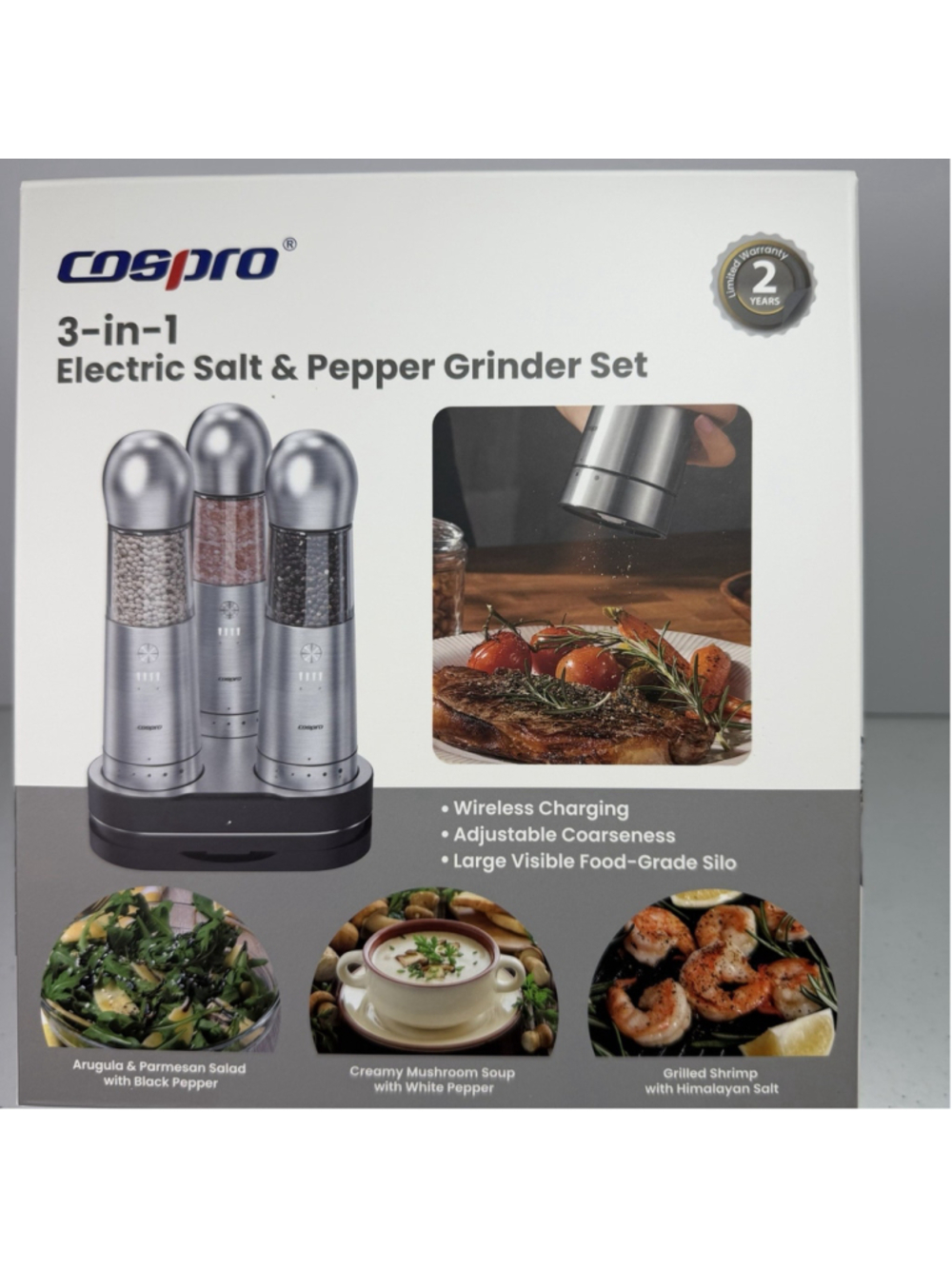 COSPRO Electric Salt & Pepper Grinder Set (3) Adjustable Coarseness NIB - Picture 1 of 5